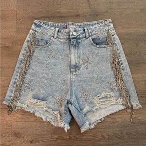 Blue B. Denim Distressed Star Embellished Bling Rhinestone Fringe Cowgirl Short
